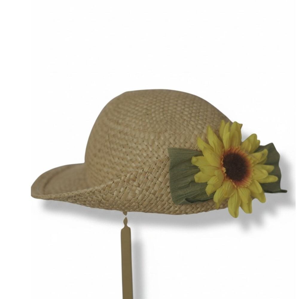Vintage Woven Straw Sun Hat Sunflower Floral Accent Cottagecore Garden Beach Cap